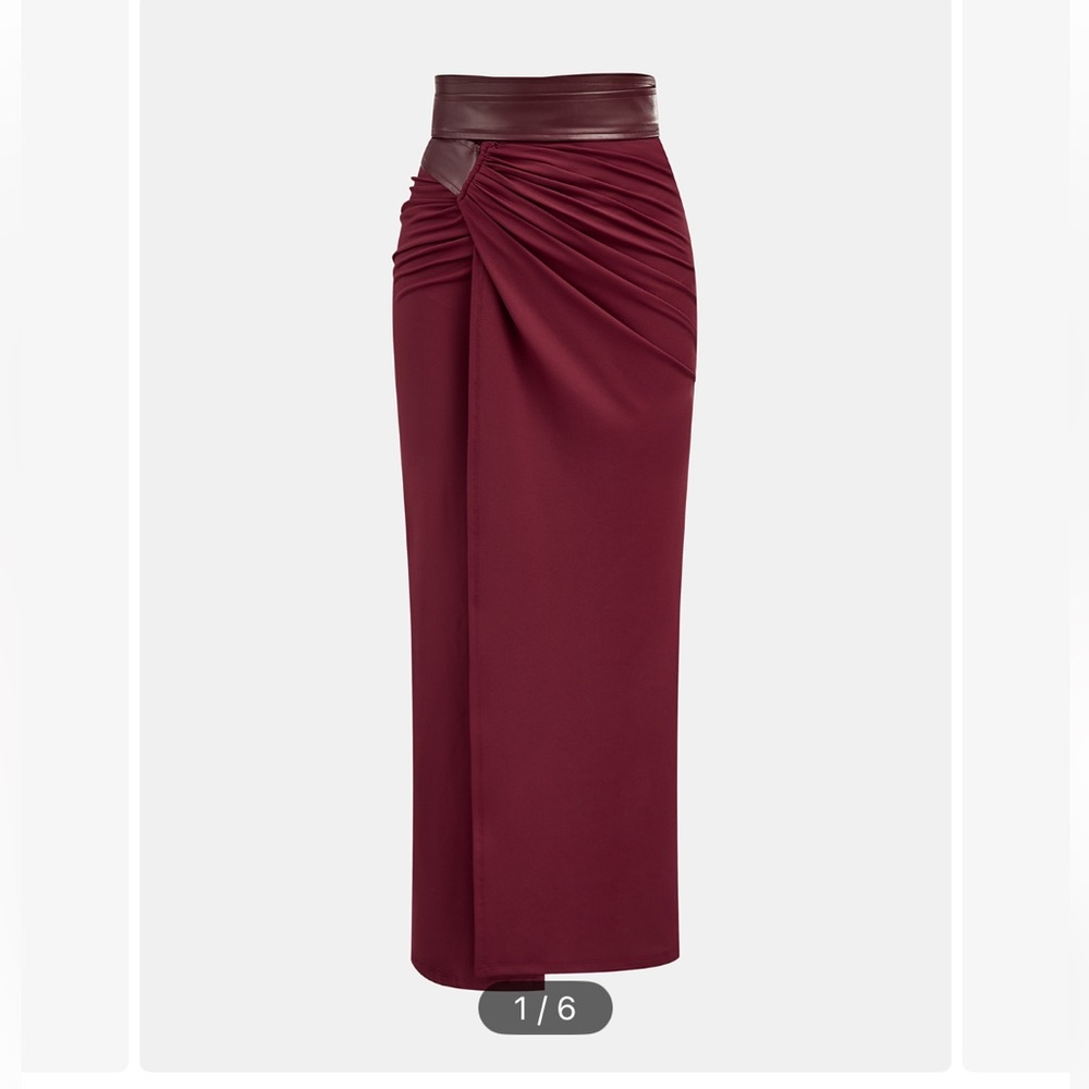 Faux leather panel Burgundy Midi Skirt